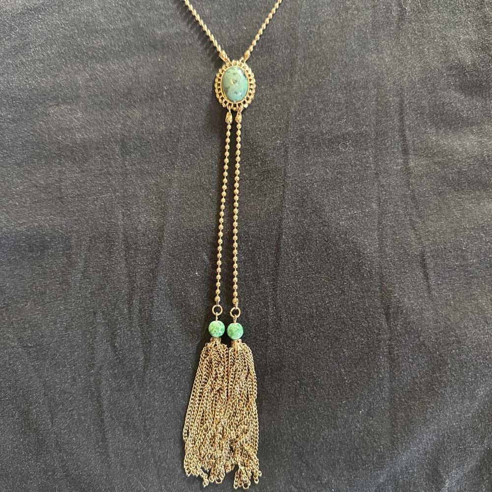 Anthropologie Green Bolo Necklace Fringe 18” + 3”